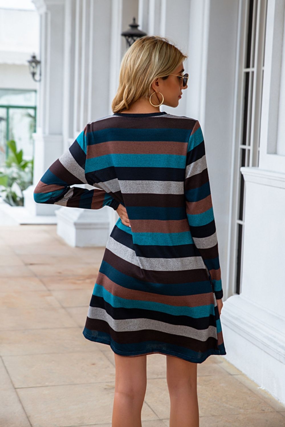 Striped Round Neck Long Sleeve Dress-Angel Casuals