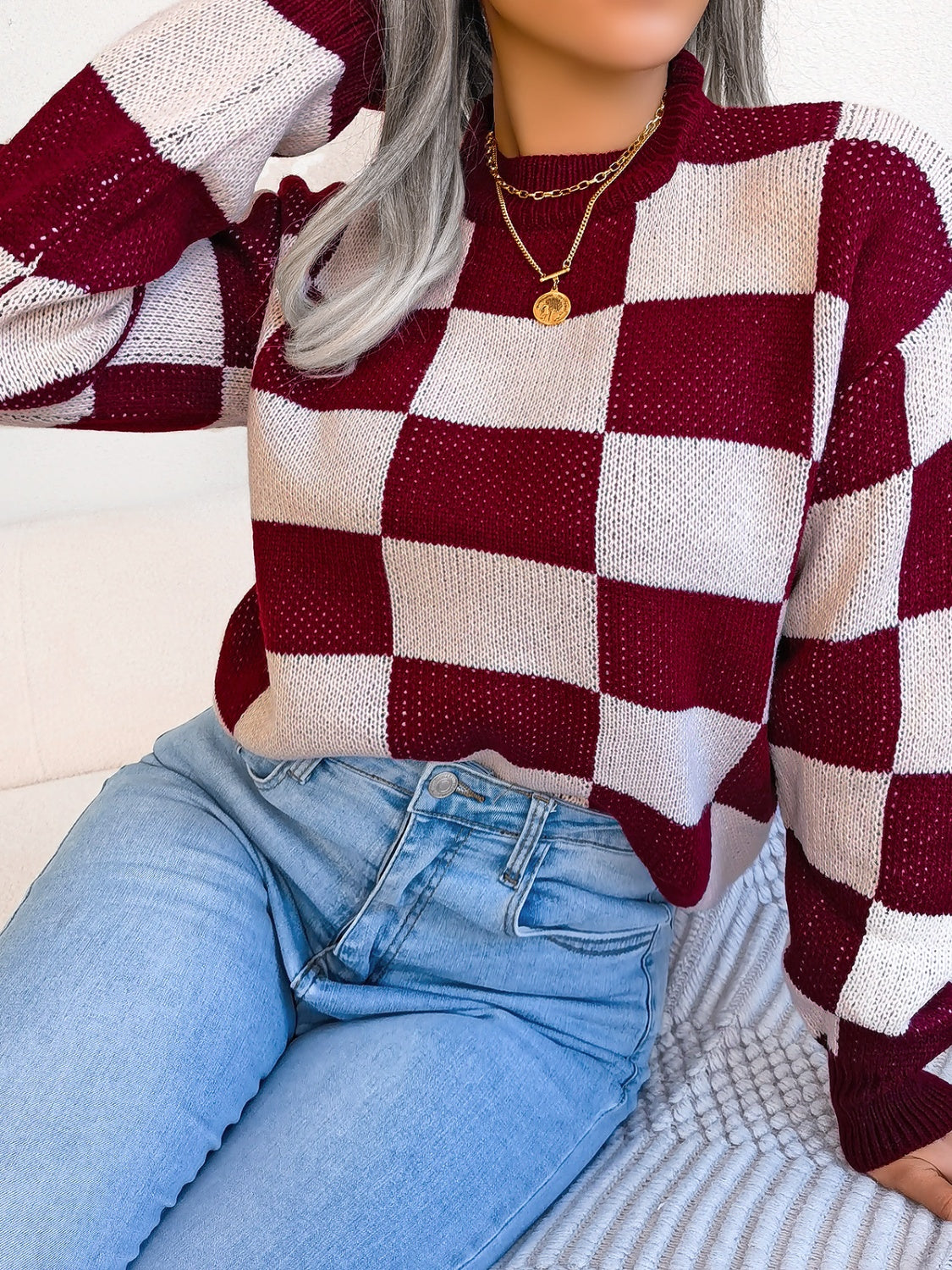 Checkered Mock Neck Long Sleeve Sweater-Angel Casuals