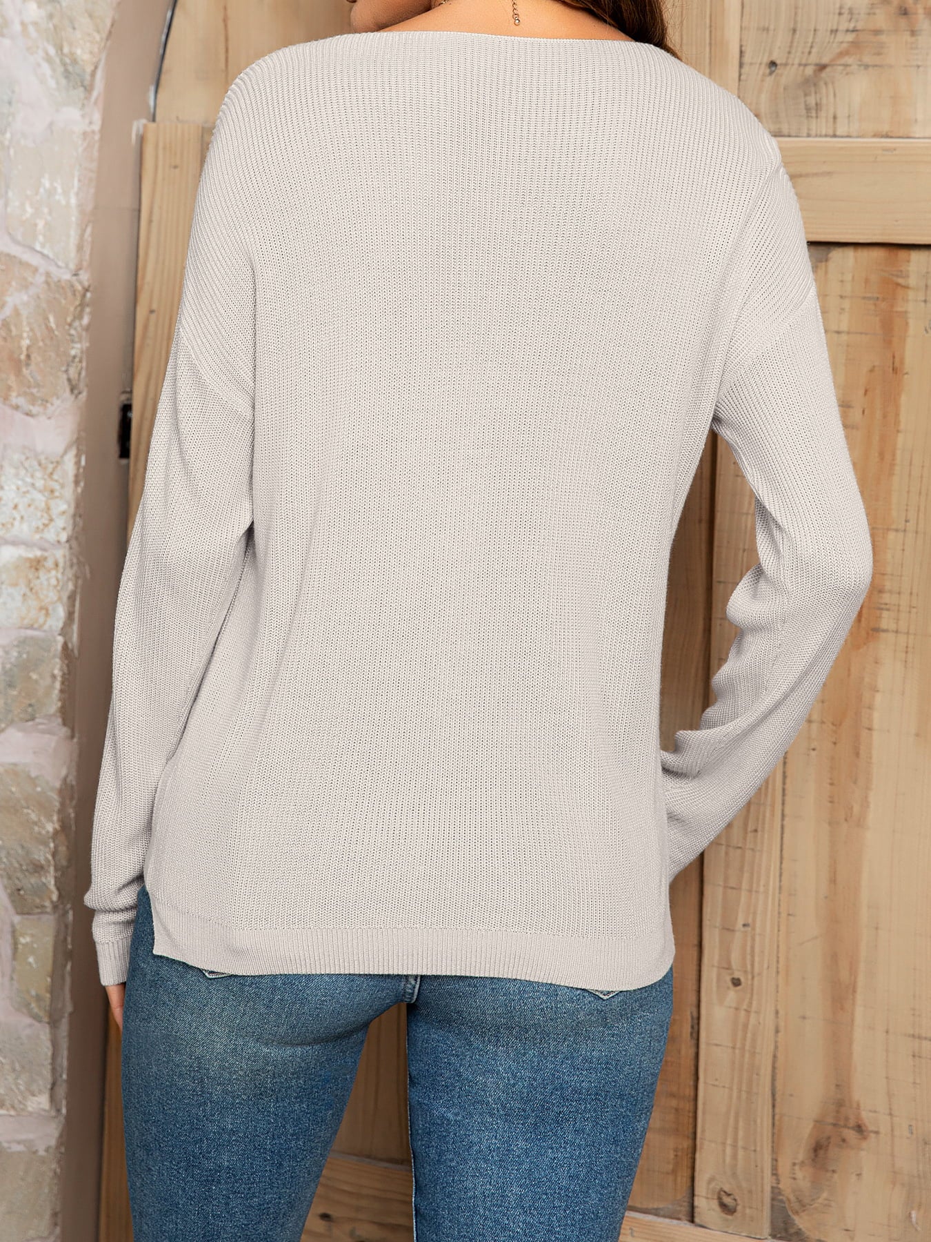 V-Neck Long Sleeve Knit Top with Pocket-Angel Casuals