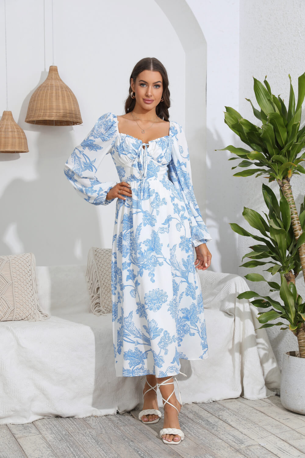 Floral Tie Front Sweetheart Neck Midi Dress-Angel Casuals