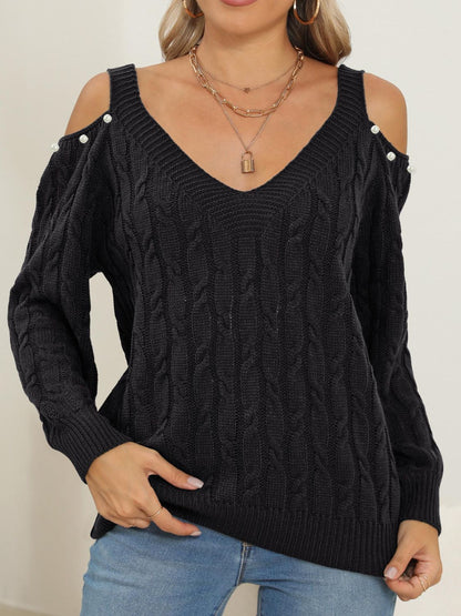 Cable-Knit Cold Shoulder Sweater-Angel Casuals