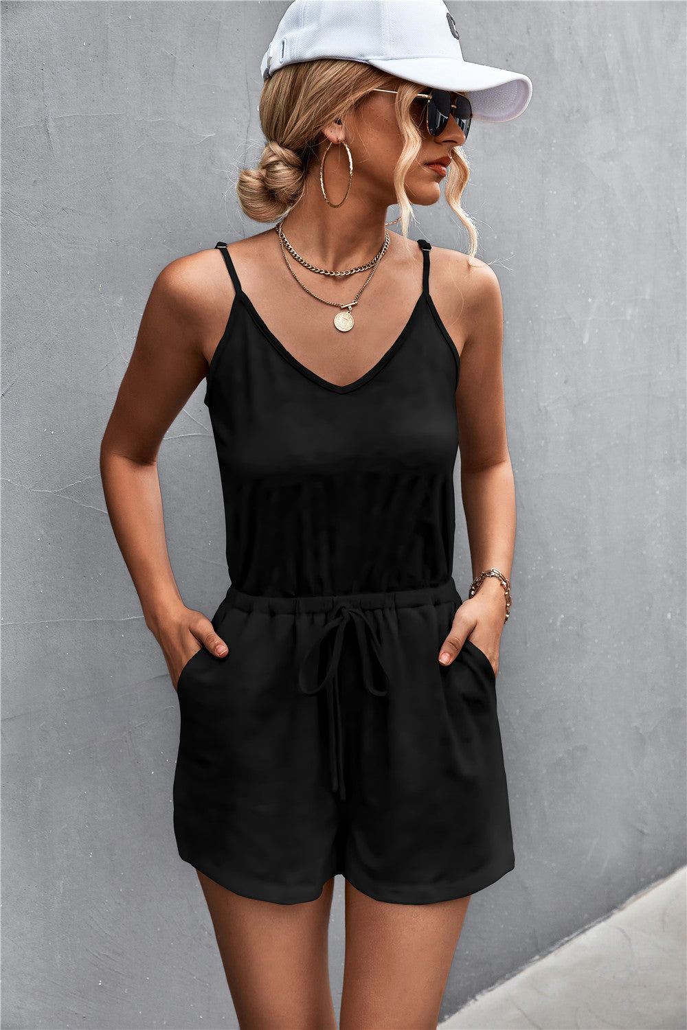 Spaghetti Strap V-Neck Pocket Romper-Angel Casuals