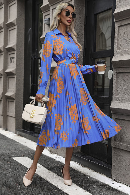 Floral Pleated Surplice Long Sleeve Midi Dress-Angel Casuals