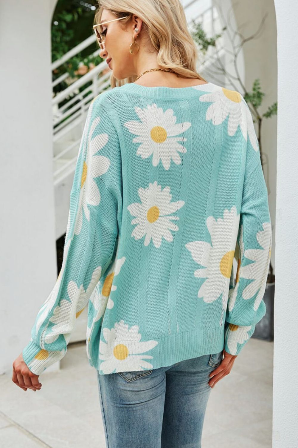 Angel Wings Daisy Print Openwork Round Neck Sweater-Angel Casuals