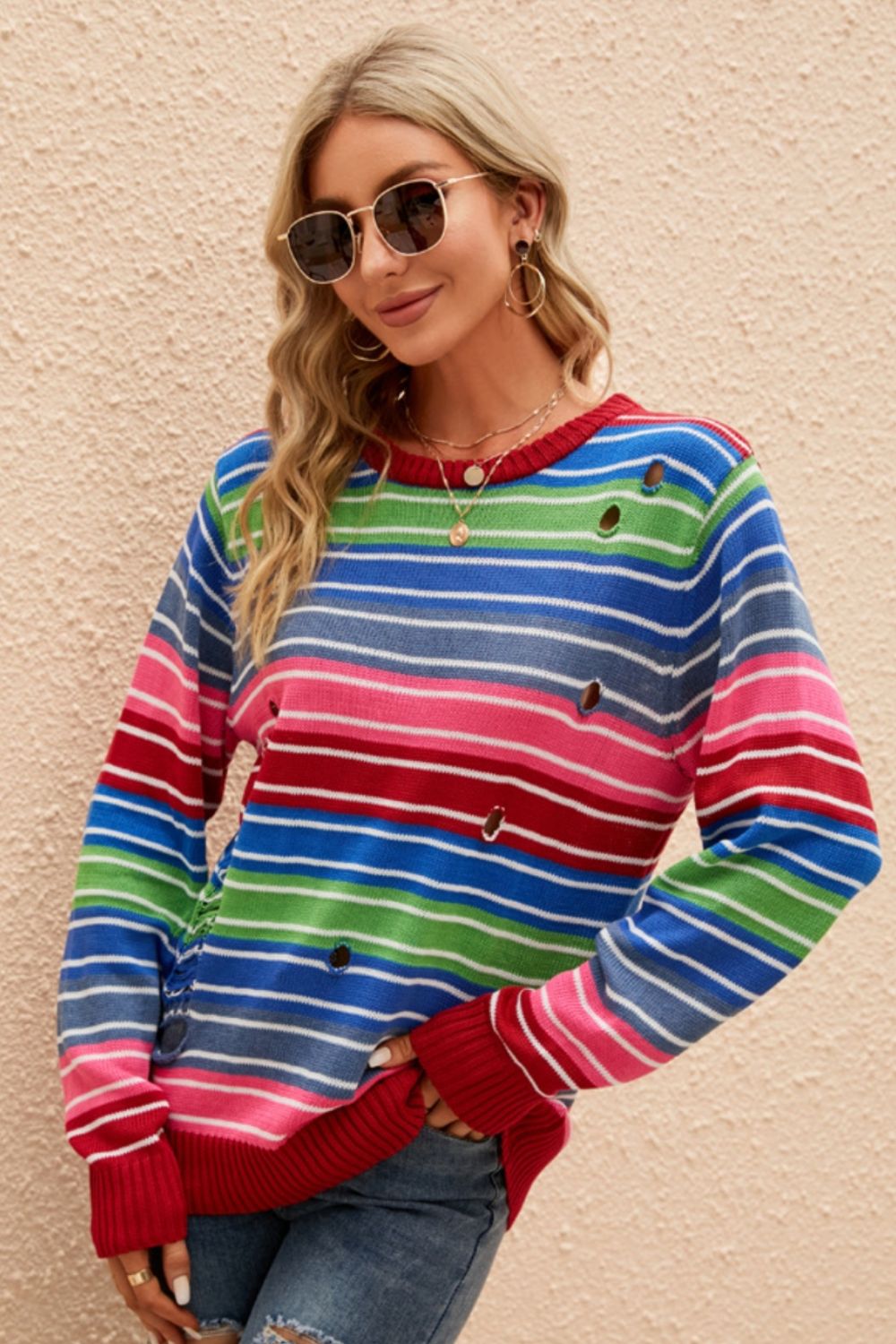 Striped Distressed Cutout Round Neck Sweater-Angel Casuals