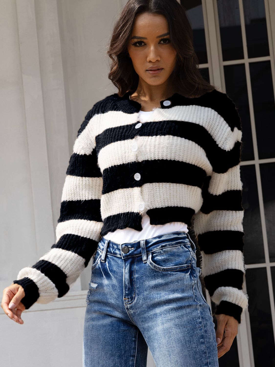 Striped Button Up Dropped Shoulder Cardigan-Angel Casuals