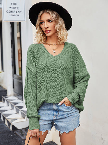 V-Neck Ribbed Dropped Shoulder Knit Top-Angel Casuals