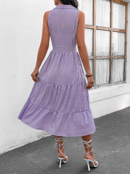 Striped Johnny Collar Sleeveless Midi Dress-Angel Casuals