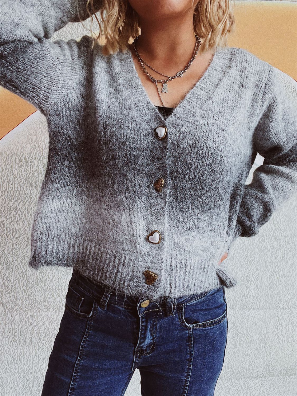 Gradient Heart Shape Button V-Neck Cardigan-Angel Casuals