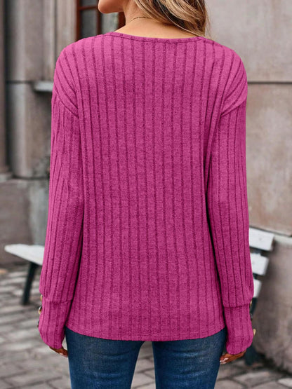 Ribbed V-Neck Long Sleeve T-Shirt-Angel Casuals