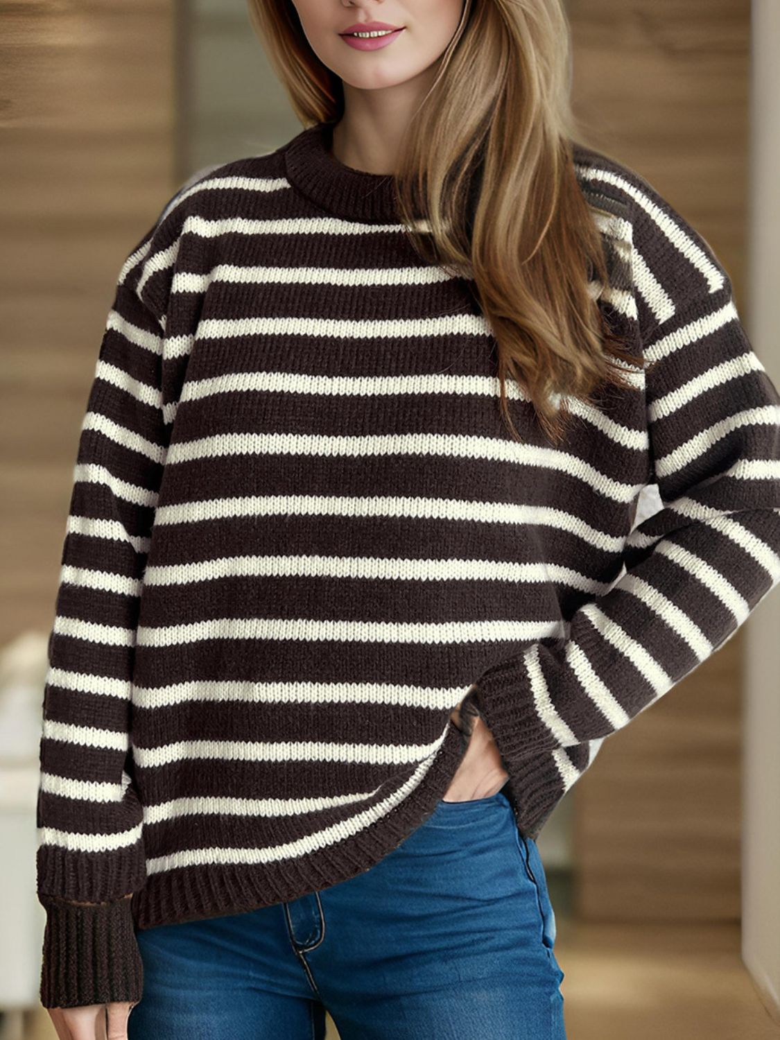 Striped Round Neck Long Sleeve Sweater-Angel Casuals