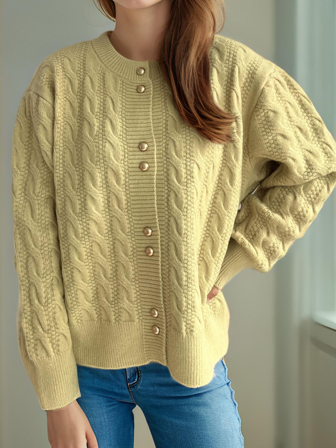 Cable-Knit Round Neck Long Sleeve Cardigan-Angel Casuals