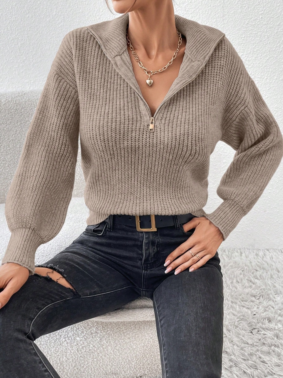 Honey Half Zip Dropped Shoulder Sweater-Angel Casuals