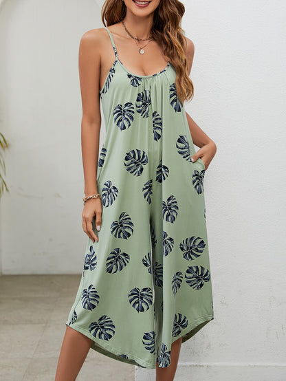 Botanical Print Spaghetti Strap Scoop Neck Jumpsuit-Angel Casuals