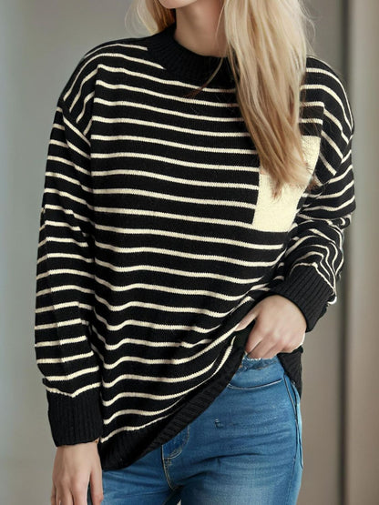 Striped Mock Neck Long Sleeve Sweater-Angel Casuals