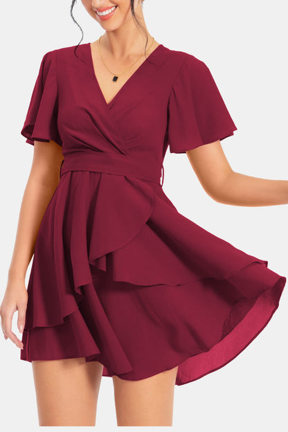 Surplice Neck Flutter Sleeve Dress-Angel Casuals