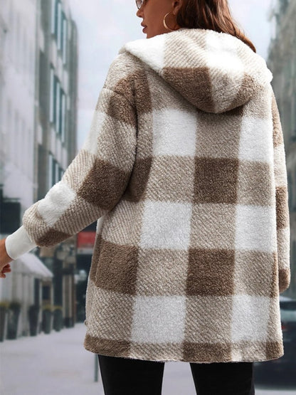 Plaid Long Sleeve Hooded Coat-Angel Casuals