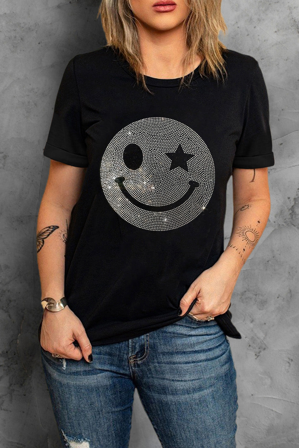 Rhinestone Smiley Round Neck Short Sleeve T-Shirt-Angel Casuals