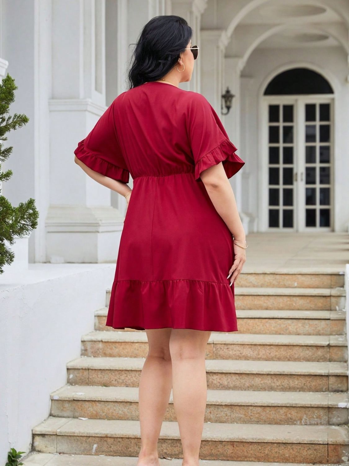 Plus Size Ruched Surplice Flounce Sleeve Mini Dress-Angel Casuals