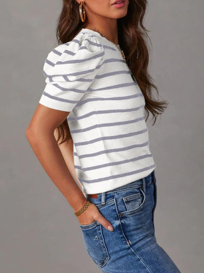 Striped Round Neck Puff Sleeve Knit Top-Angel Casuals