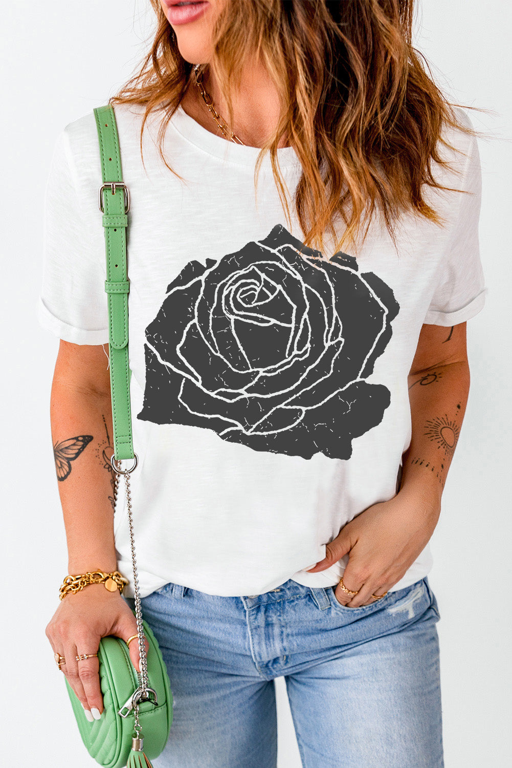 Rose Graphic Round Neck Short Sleeve T-Shirt-Angel Casuals