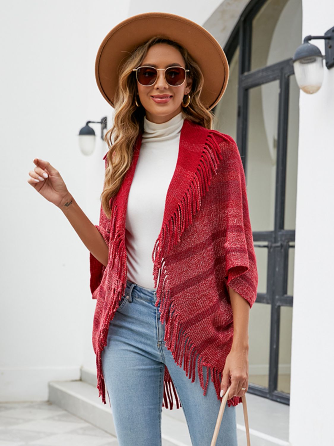 Fringe Detail Open Front Poncho-Angel Casuals