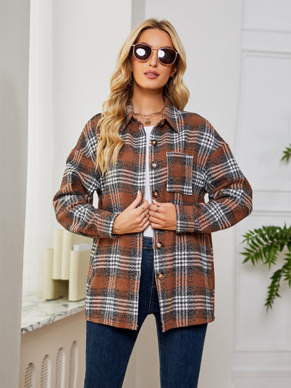 Plaid Collared Shirt Jacket-Angel Casuals