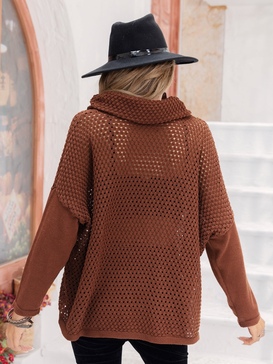 Openwork Mock Neck Dropped Shoulder Sweater-Angel Casuals