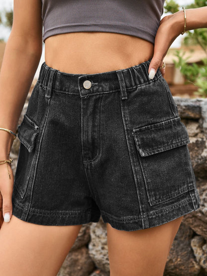 High Waist Denim Shorts with Pockets-Angel Casuals