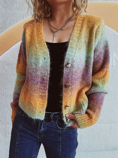 Gradient Heart Shape Button V-Neck Cardigan-Angel Casuals