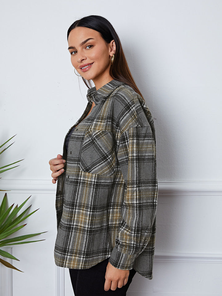 Plaid Snap Down Long Sleeve Shacket-Angel Casuals