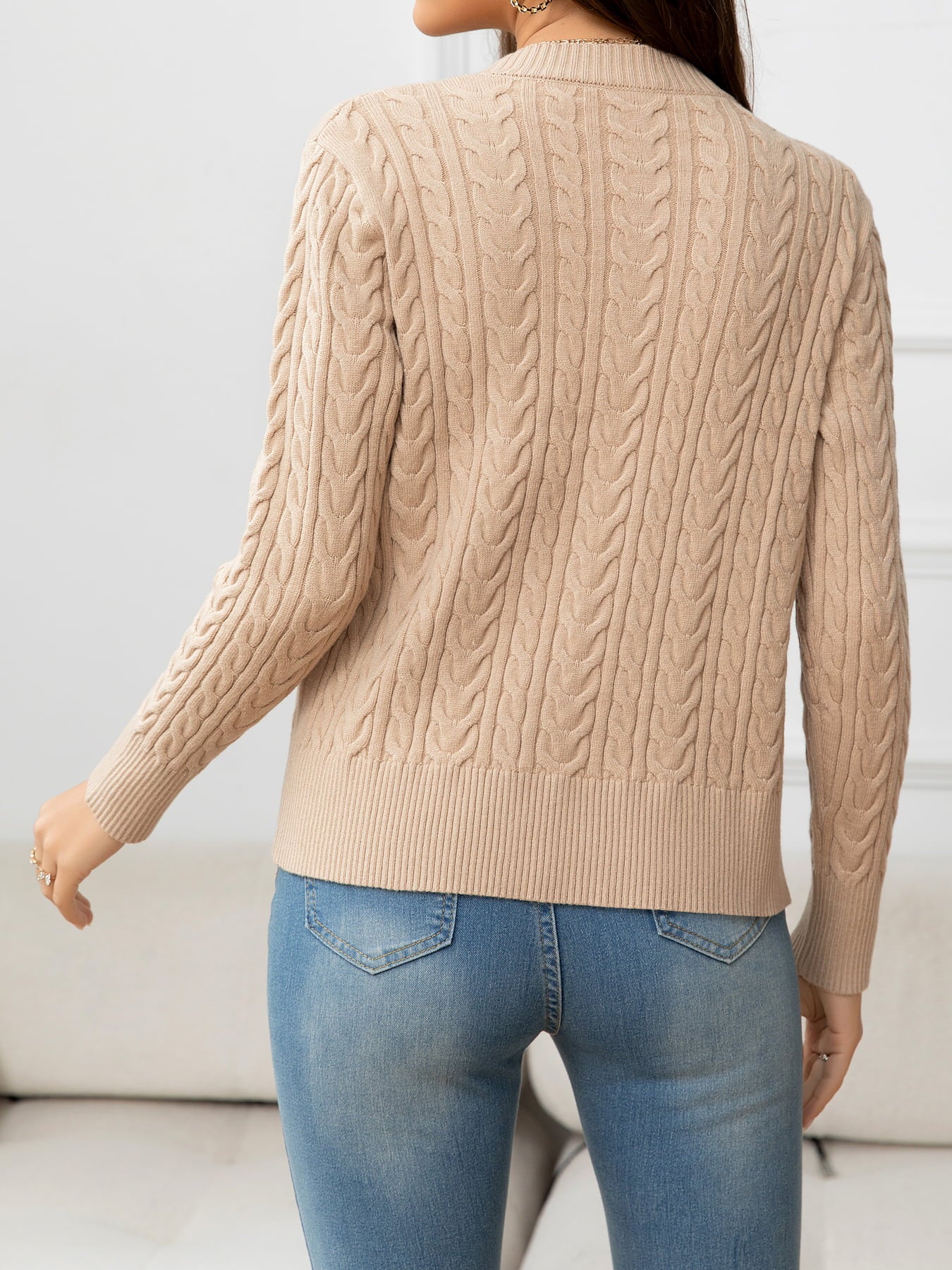 V-Neck Long Sleeve Cable-Knit Buttoned Knit Top-Angel Casuals