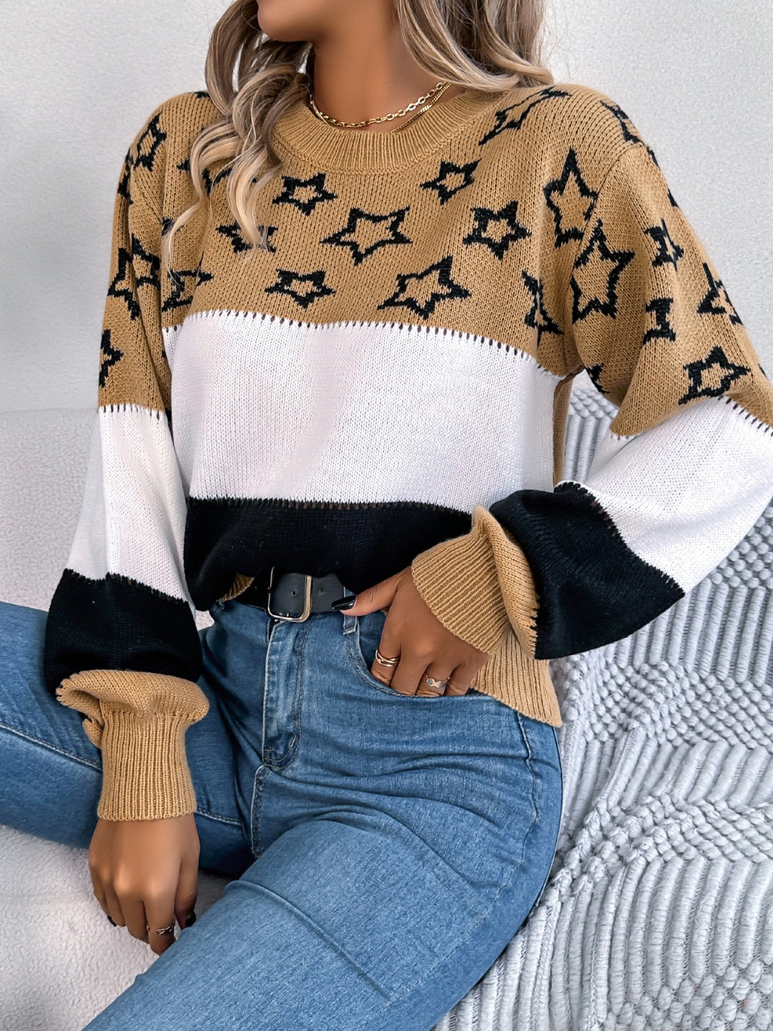 Star Contrast Round Neck Sweater-Angel Casuals