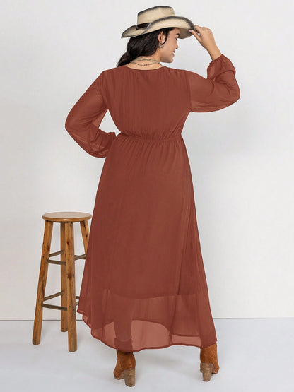 Plus Size Embroidered Tie Neck Long Sleeve Dress-Angel Casuals