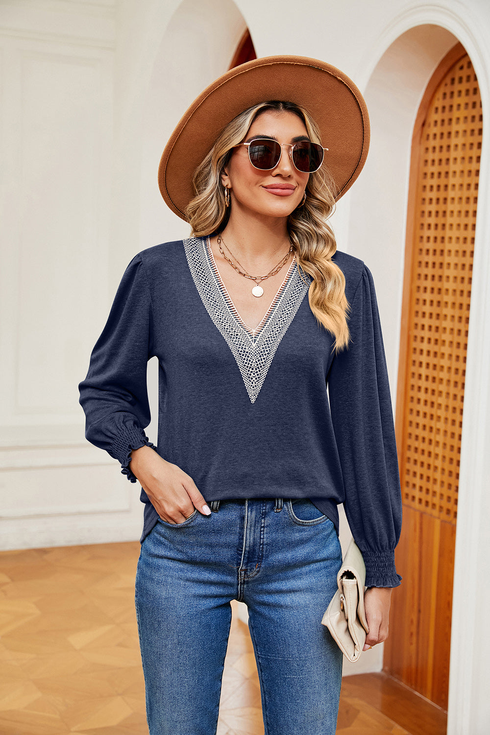 Contrast V-Neck Long Sleeve Top-Angel Casuals