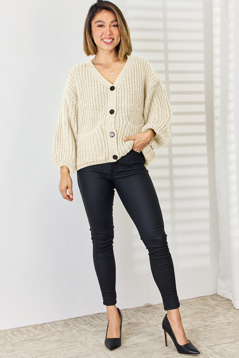 Pocketed Button Up Dropped Shoulder Cardigan-Angel Casuals