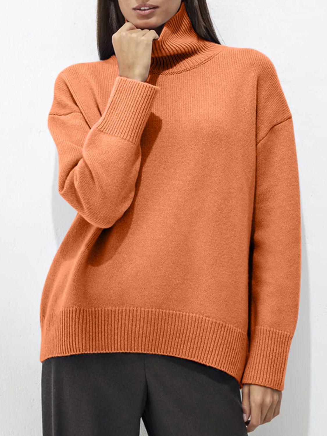 Turtleneck Drop Shoulder Long Sleeve Sweater-Angel Casuals