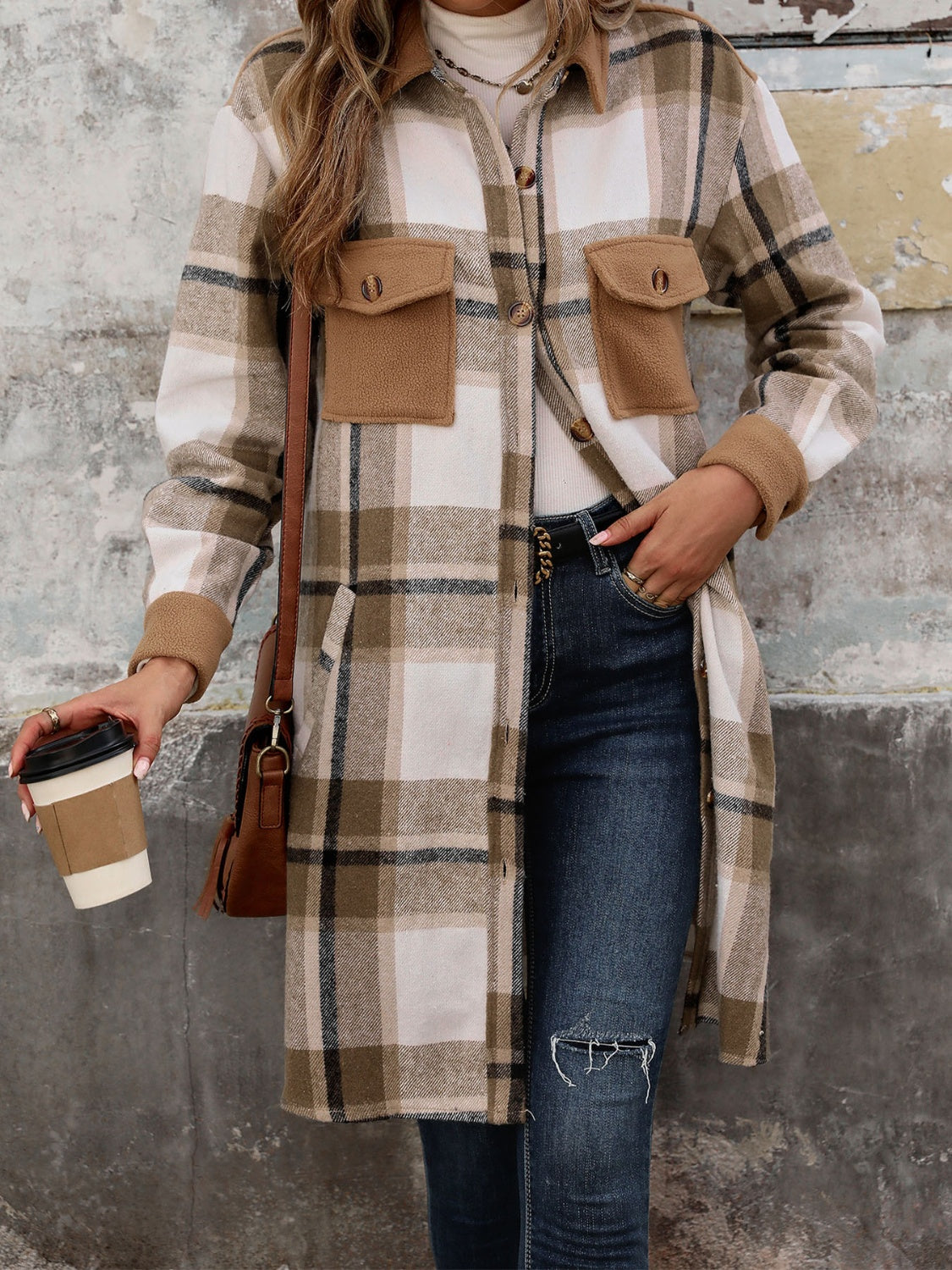 Perfee Plaid Button Up Long Sleeve Coat-Angel Casuals