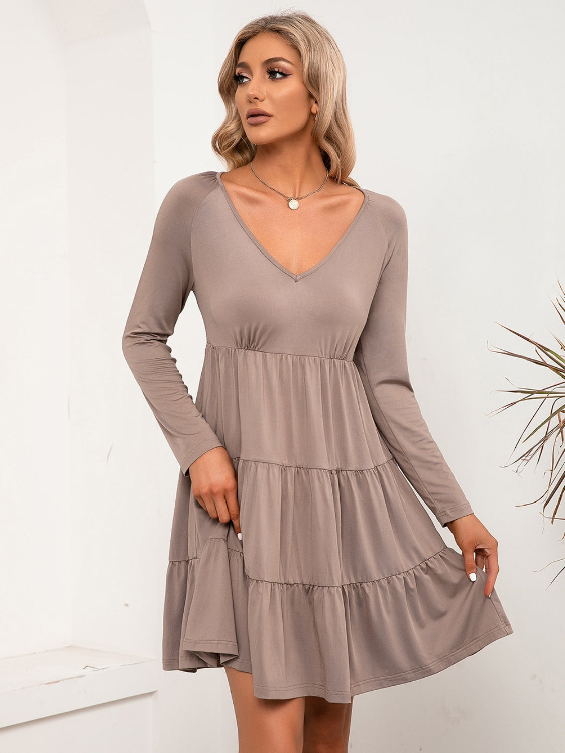 V-Neck Long Sleeve Tiered Dress-Angel Casuals