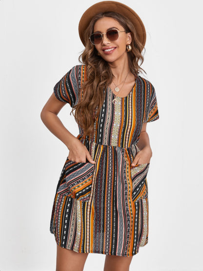 Pocketed Striped Short Sleeve Dress-Angel Casuals