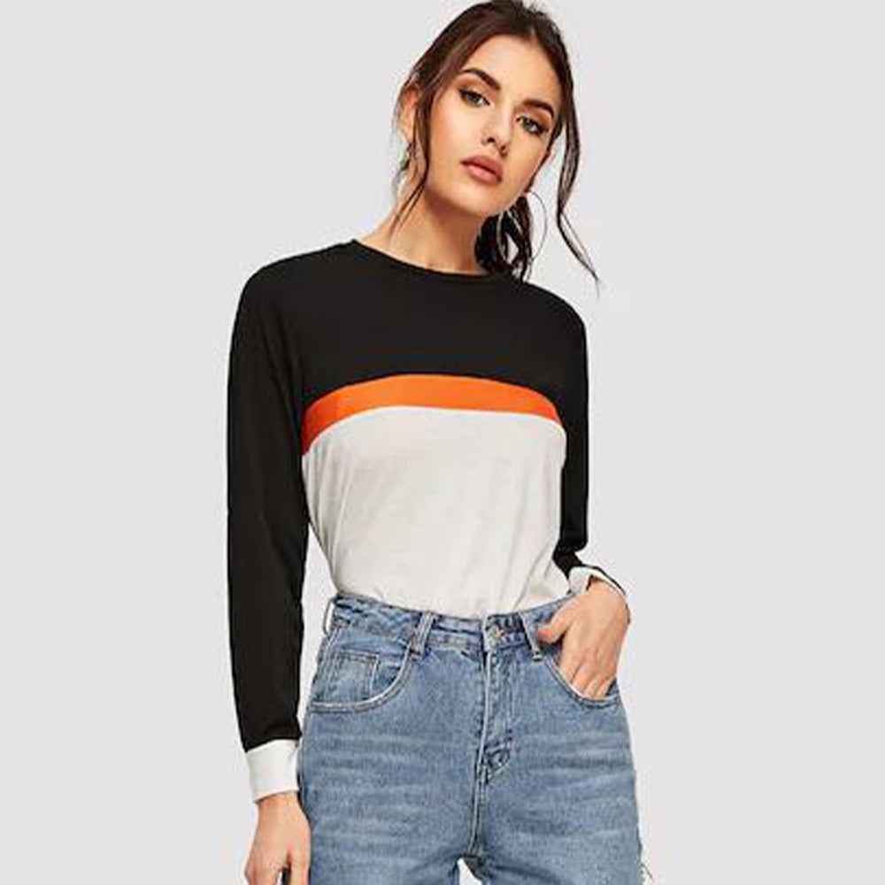 Color Block Round Neck Long Sleeve Tee-Angel Casuals