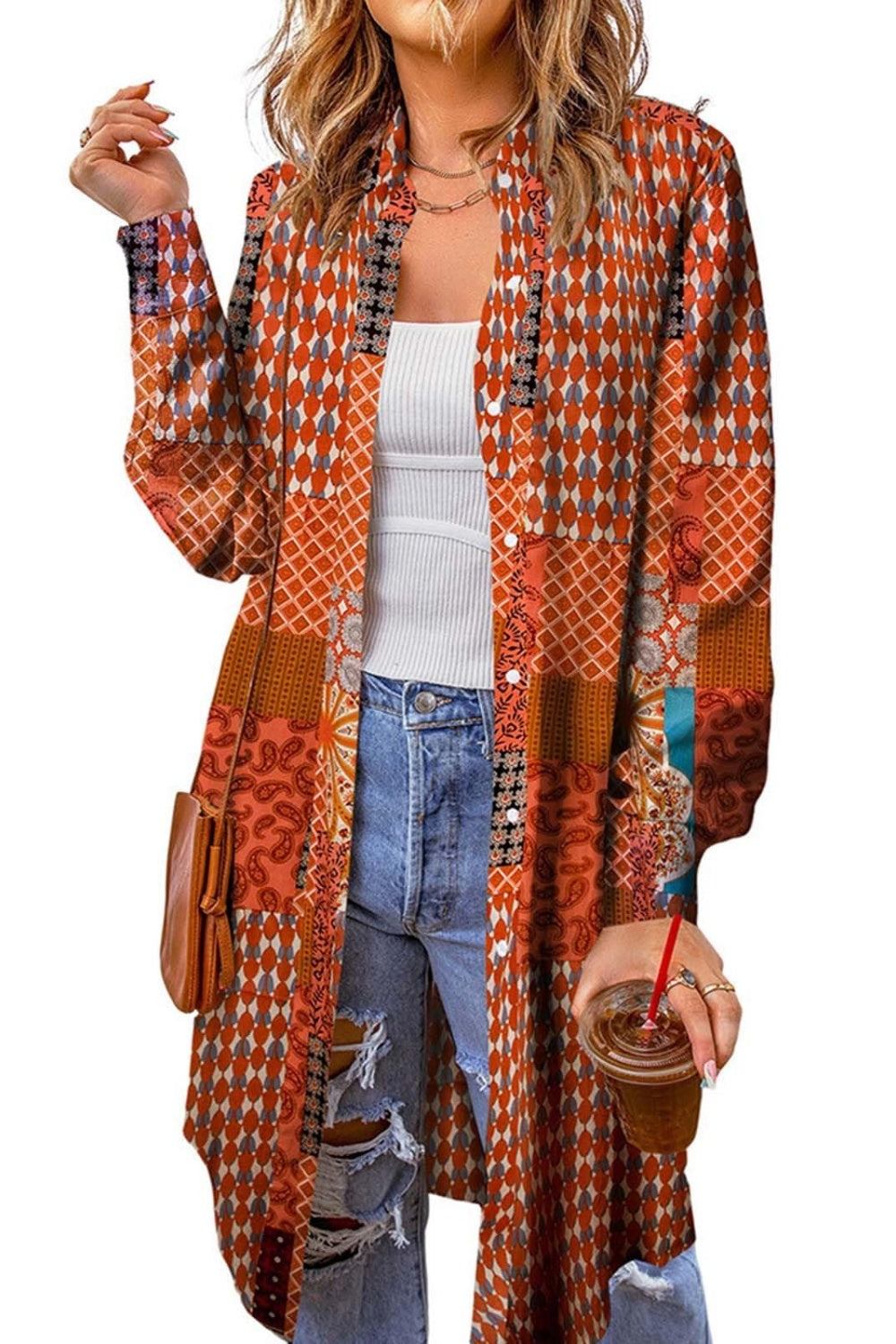Printed Button Up Long Sleeve Cardigan-Angel Casuals
