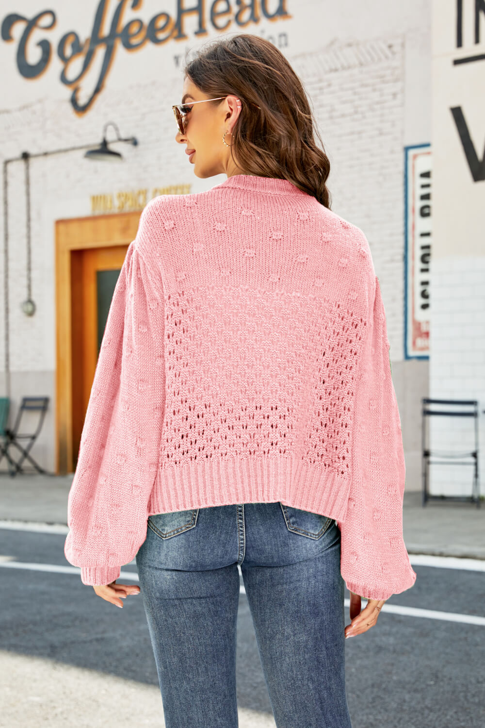 Woven Right Openwork Pompom Puff Sleeve Cardigan-Angel Casuals