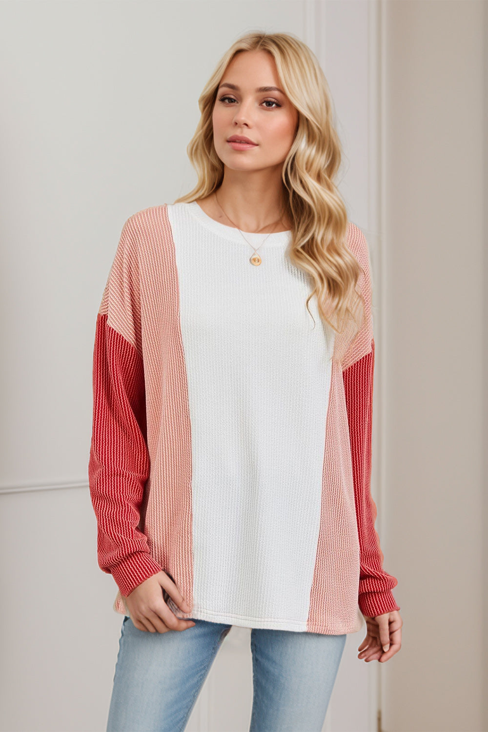 Double Take Texture Contrast Round Neck Long Sleeve T-Shirt-Angel Casuals