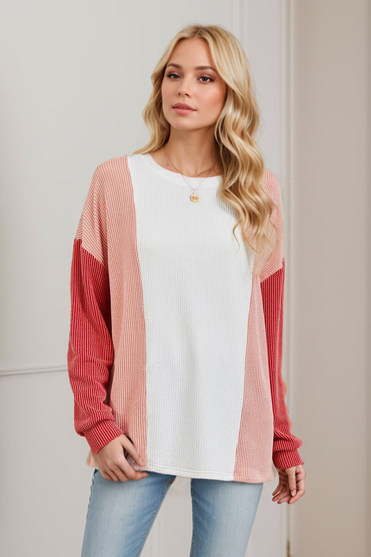 Double Take Texture Contrast Round Neck Long Sleeve T-Shirt-Angel Casuals