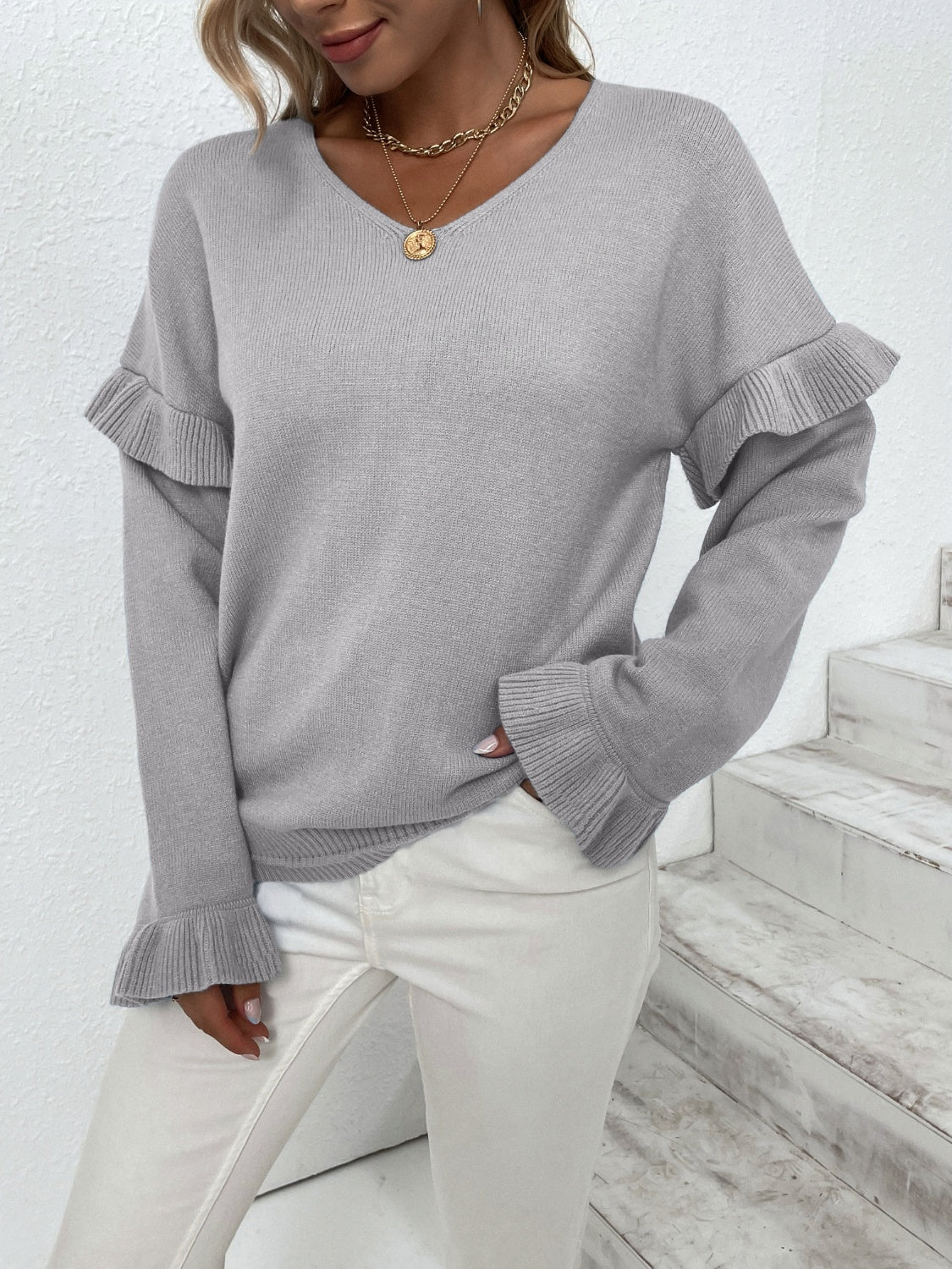 Ruffled V-Neck Dropped Shoulder Sweater-Angel Casuals