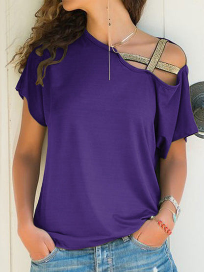 Asymmetrical Neck Short Sleeve T-Shirt-Angel Casuals