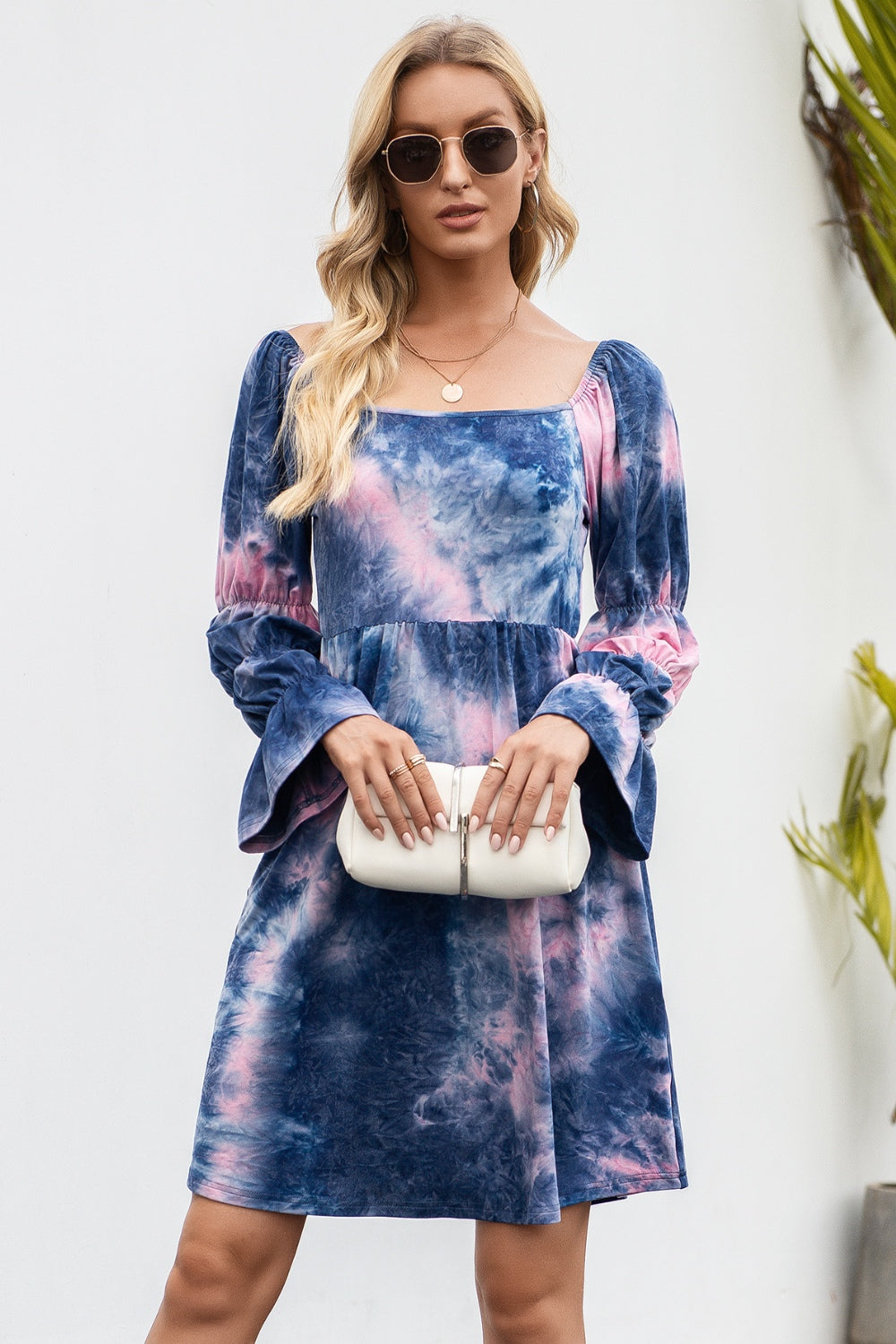 Tie-Dye Square Neck Flounce Sleeve Dress-Angel Casuals