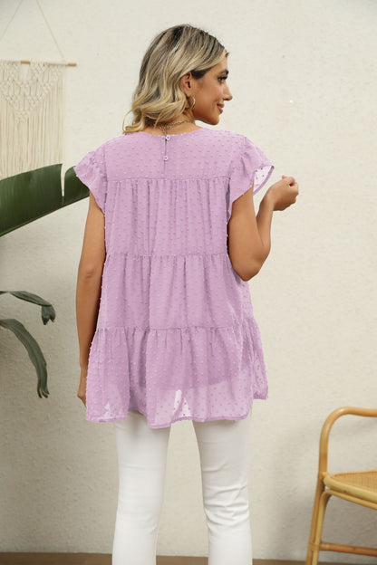 Swiss Dot Round Neck Tiered Blouse-Angel Casuals