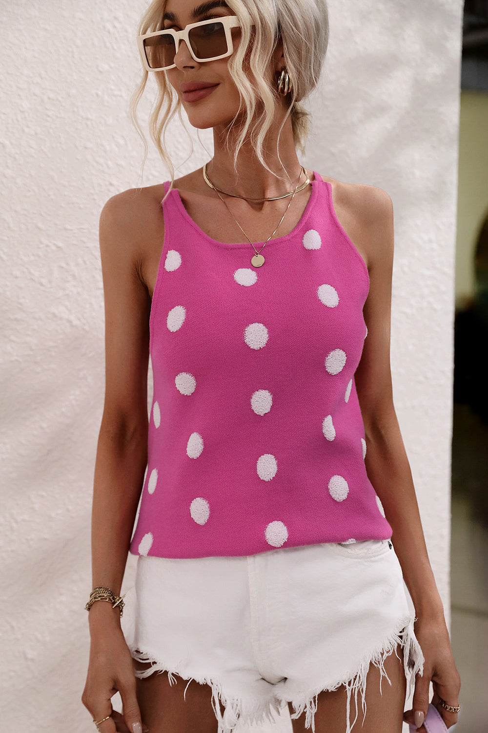 Polka Dot Round Neck Knit Tank-Angel Casuals